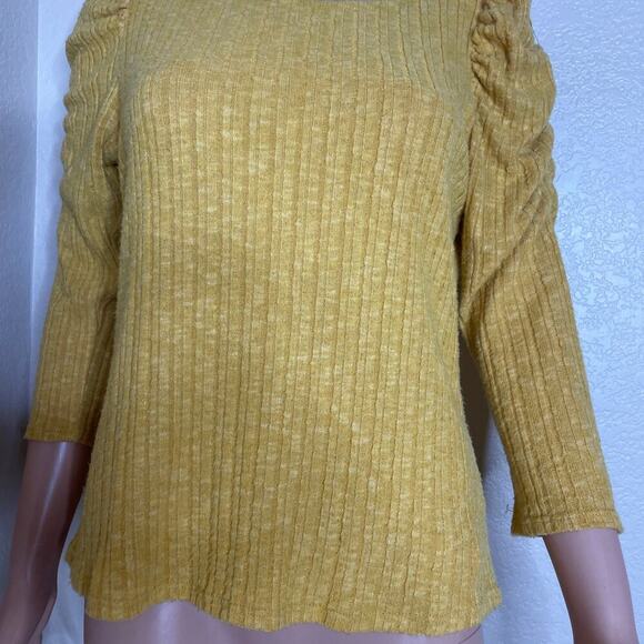 WF Top blouse Mustard yellow puff poof sleeve lightweight sweater ribbed Girls L - Picture 9 of 9